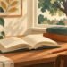 Намальовані книги й олівець на столі біля вікна. Редакційна ілюстрація.