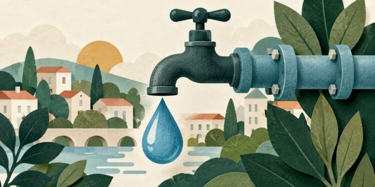 Намальовані водопровідний кран, труба та крапля води. Редакційна ілюстрація.